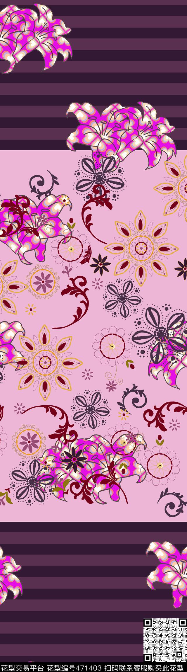 花卉几何组合传统印花华亿平台下载（图片编号: 471403） - 瓦栏（Walan）