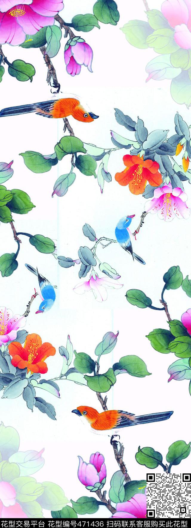 花卉彩鸟丝巾数码印花华亿平台下载（图片编号: 471436） - 瓦栏（Walan）