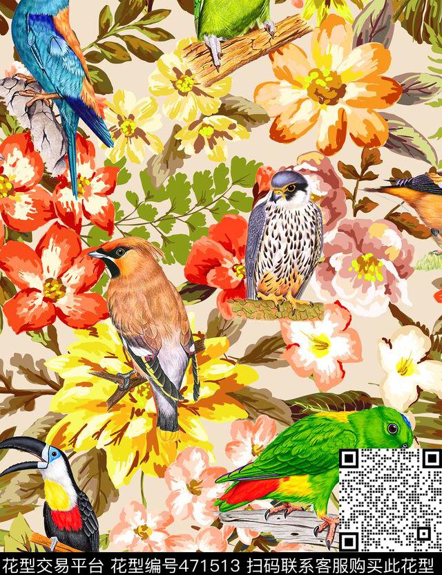 热带鸟类花草数码印花华亿平台下载（图片编号: 471513） - 瓦栏（Walan）