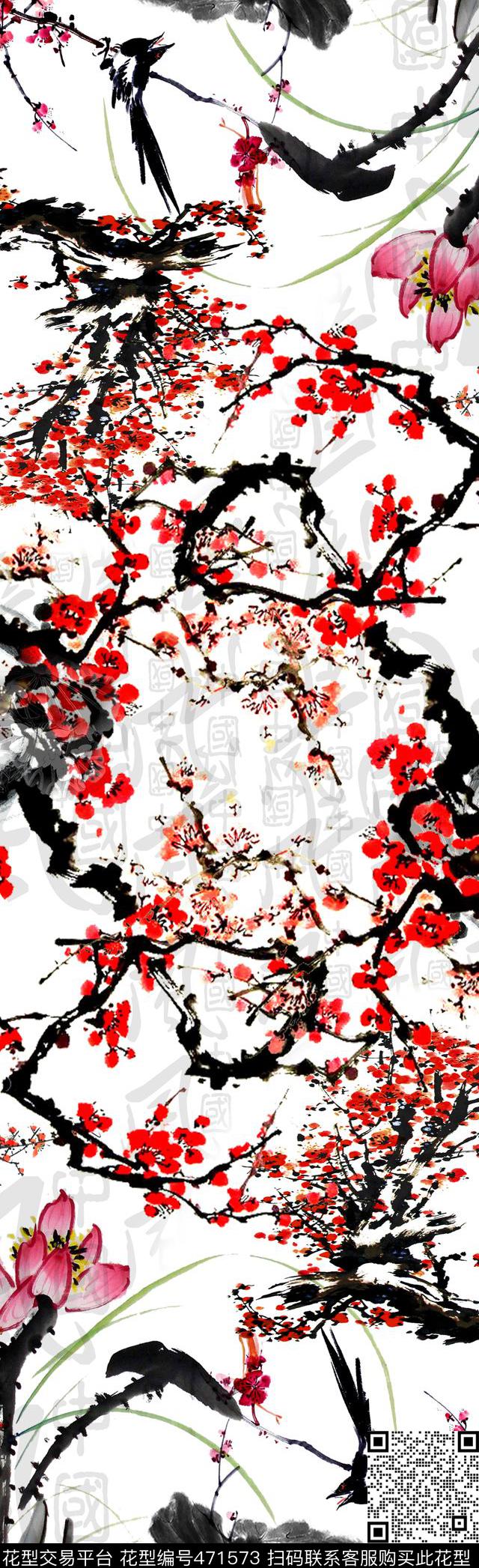 荷花梅花水墨数码印花华亿平台下载（图片编号: 471573） - 瓦栏（Walan）