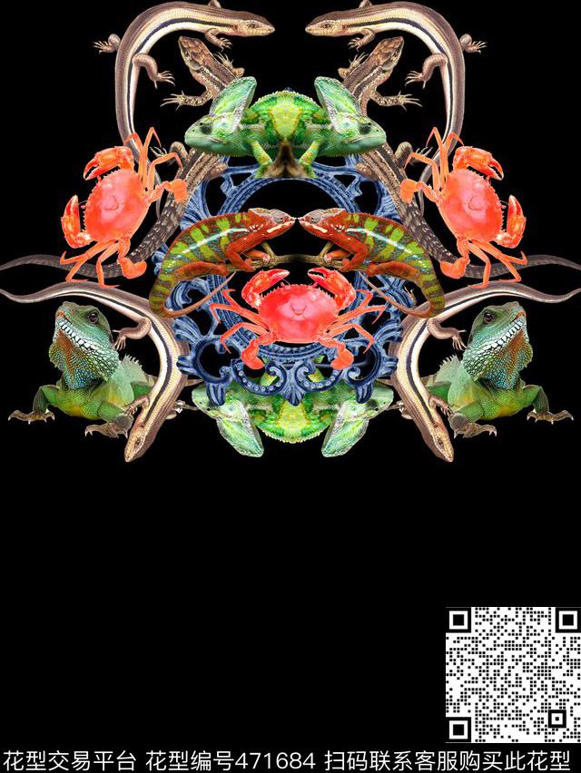 动物混合蜥蜴螃蟹数码印花华亿平台下载（图片编号: 471684） - 瓦栏（Walan）