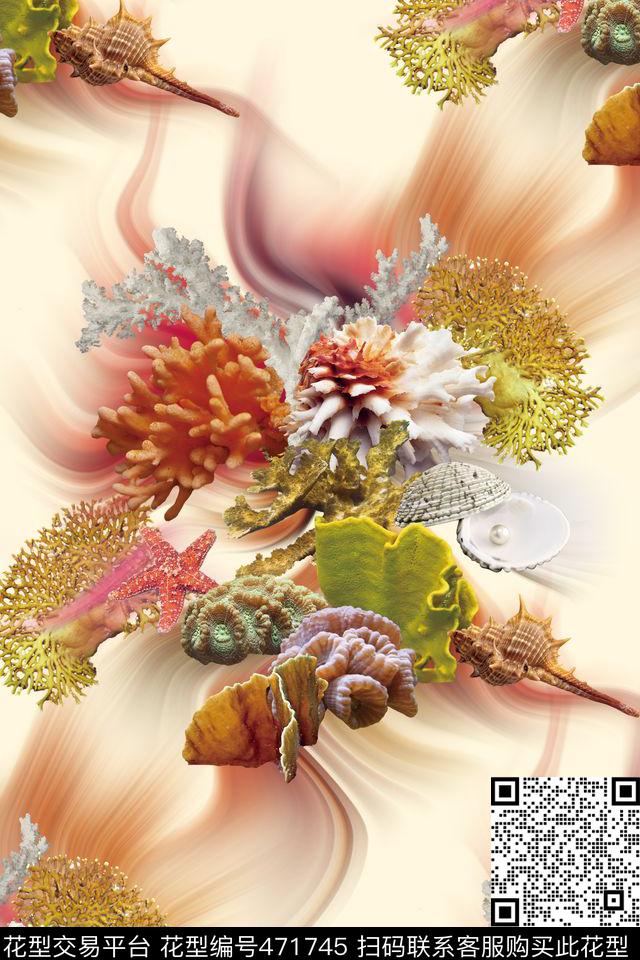 抽象贝壳珊瑚数码印花华亿平台下载（图片编号: 471745） - 瓦栏（Walan）