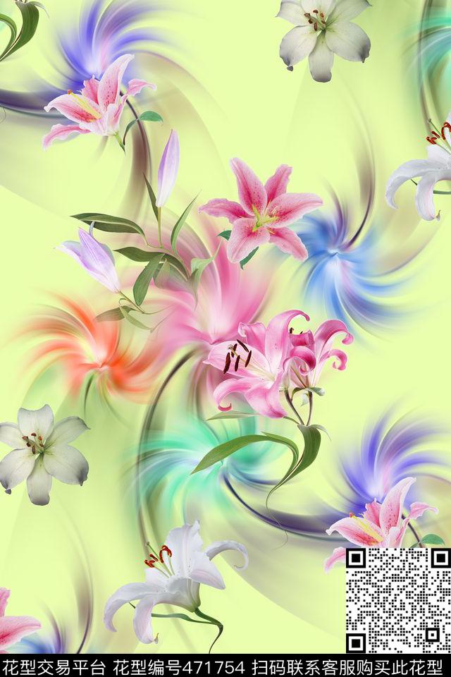 花卉百合定位数码印花华亿平台下载（图片编号: 471754） - 瓦栏（Walan）