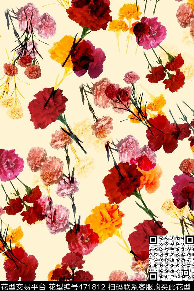 时尚康乃馨乱摆数码印花华亿平台下载（图片编号: 471812） - 瓦栏（Walan）