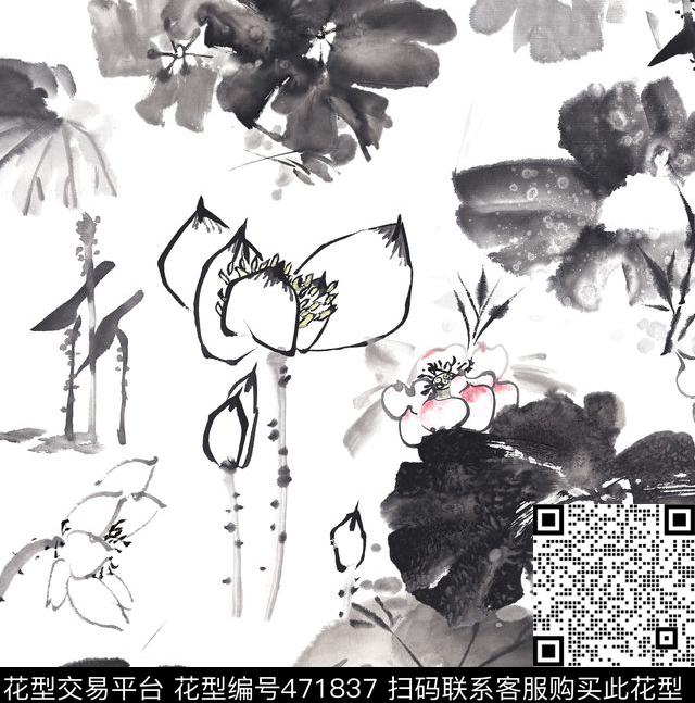 中国风水墨荷花数码印花华亿平台下载（图片编号: 471837） - 瓦栏（Walan）
