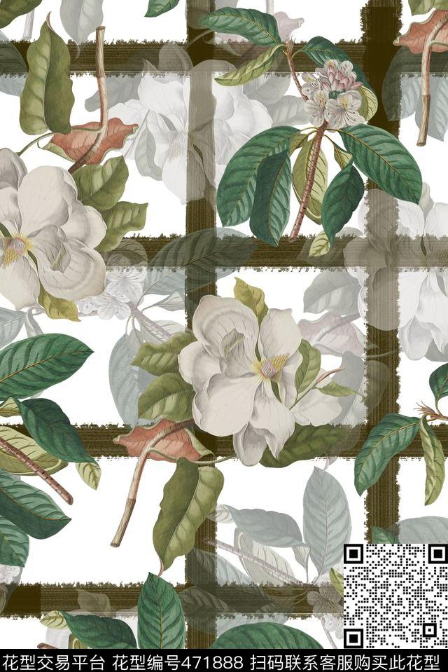 时尚手绘格子手绘花卉数码印花华亿平台下载（图片编号: 471888） - 瓦栏（Walan）