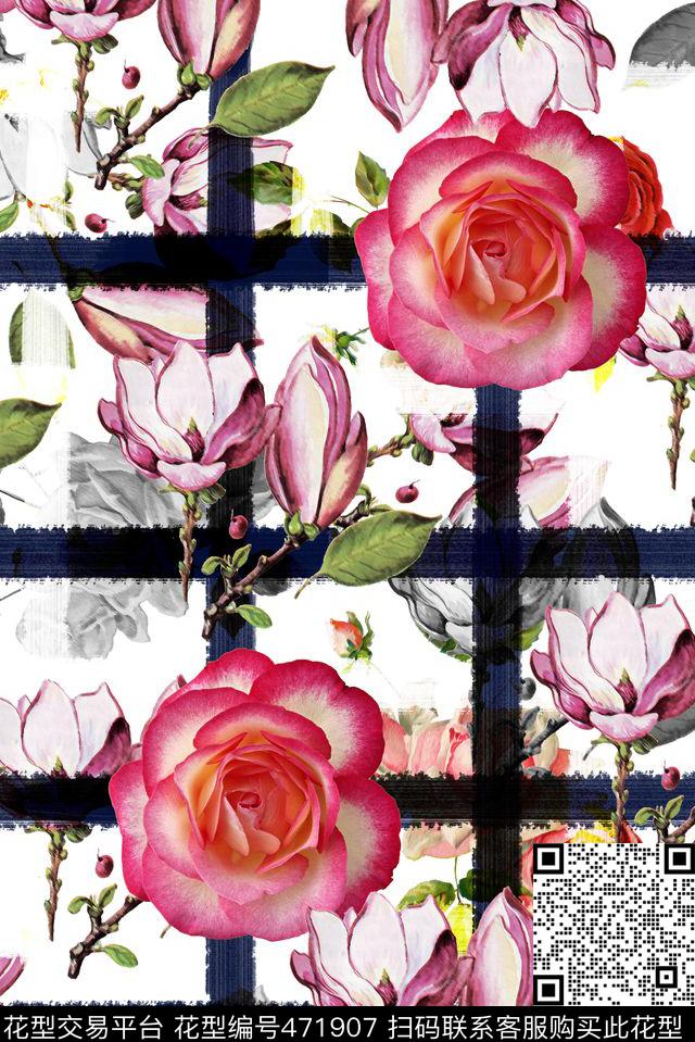 时尚手绘格子手绘花卉数码印花华亿平台下载（图片编号: 471907） - 瓦栏（Walan）
