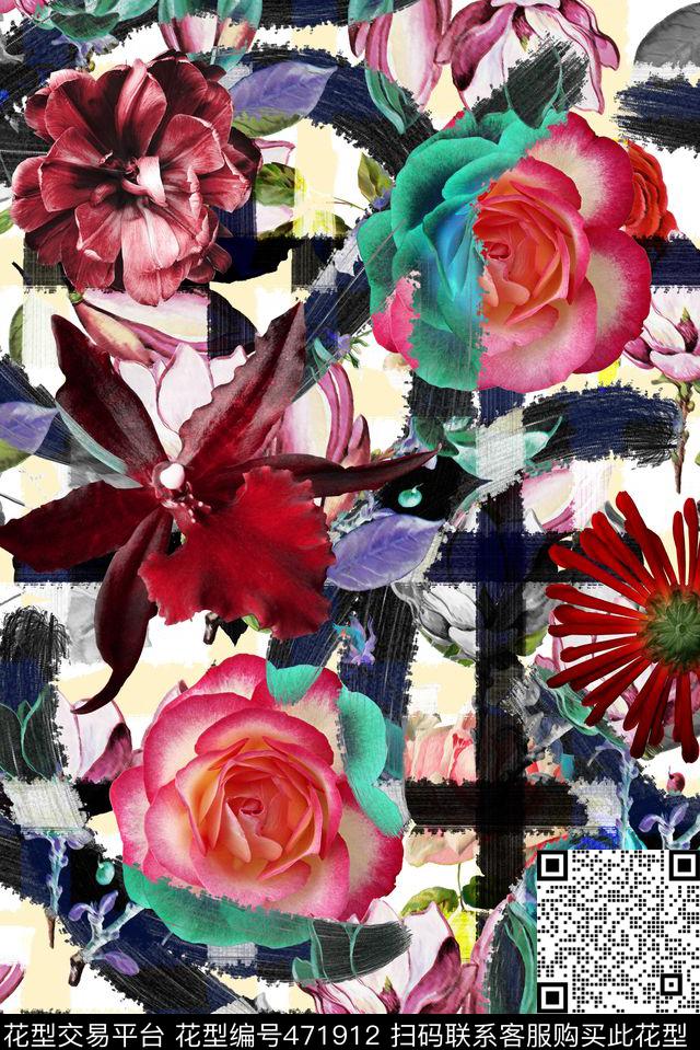 时尚水墨手绘格子数码印花华亿平台下载（图片编号: 471912） - 瓦栏（Walan）