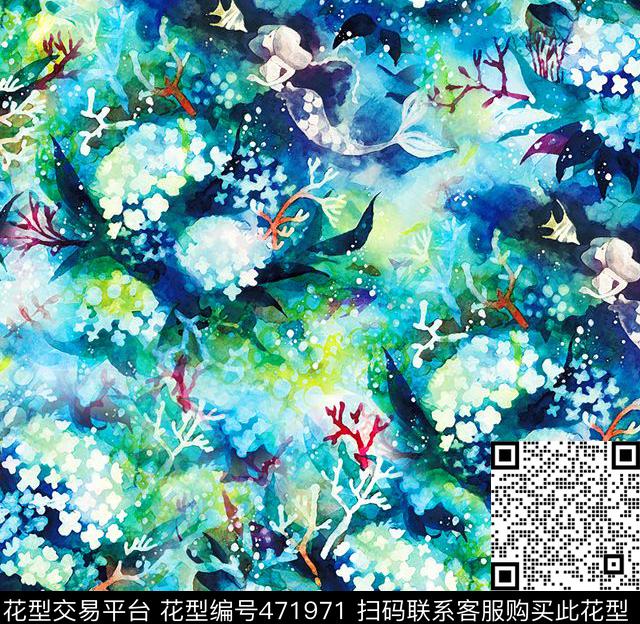 流行时尚海底世界美人鱼手绘数码印花华亿平台下载（图片编号: 471971） - 瓦栏（Walan）
