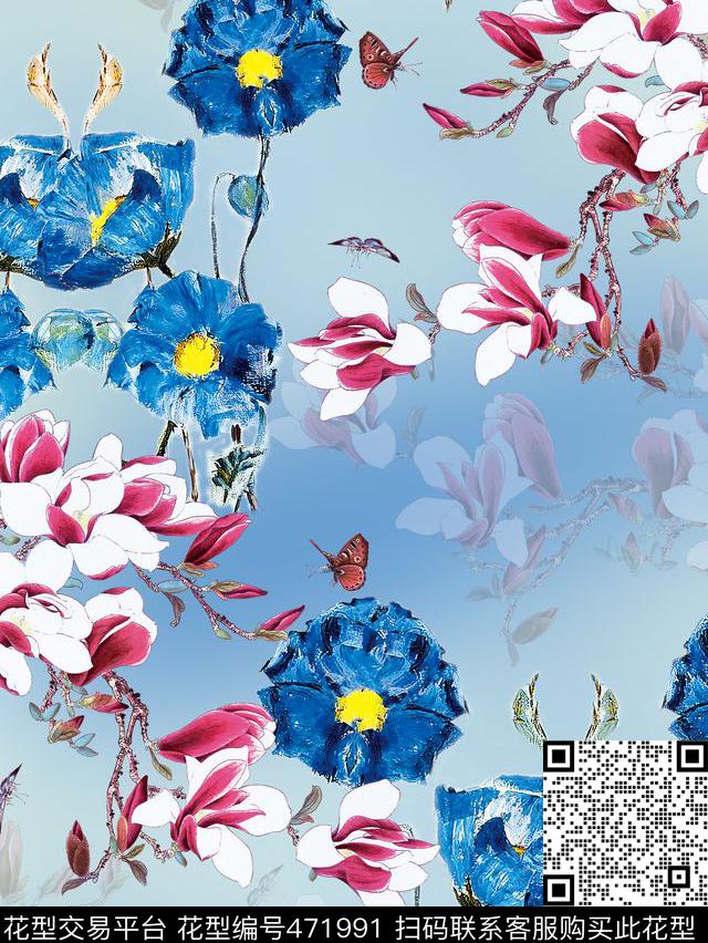 优雅花三色数码印花华亿平台下载（图片编号: 471991） - 瓦栏（Walan）
