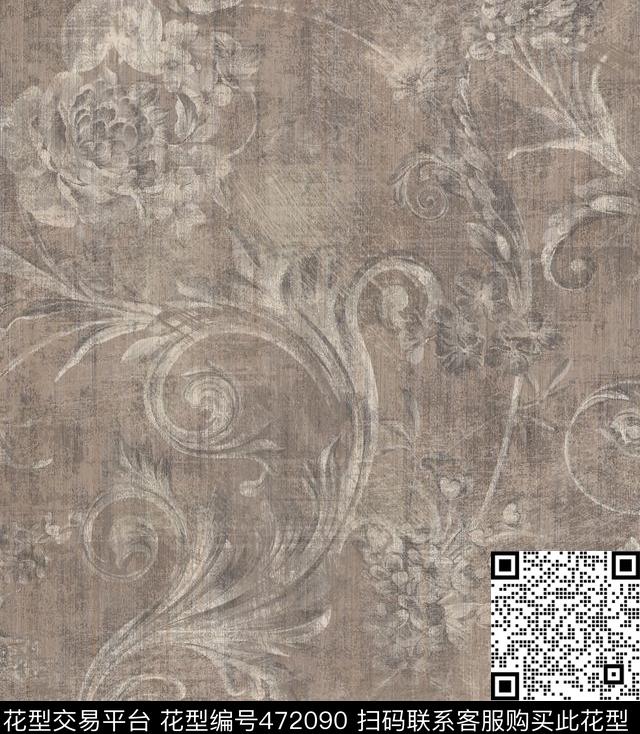 欧式卷草花卉/玫瑰花朵复古做旧数码印花华亿平台下载（图片编号: 472090） - 瓦栏（Walan）