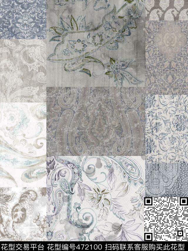 欧式佩滋利腰果花纹拼接混搭风格数码印花华亿平台下载（图片编号: 472100） - 瓦栏（Walan）