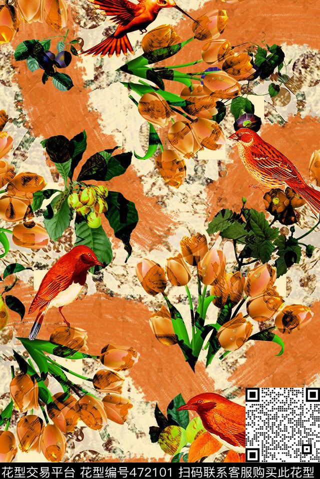 热带植物郁金香鸟类数码印花华亿平台下载（图片编号: 472101） - 瓦栏（Walan）