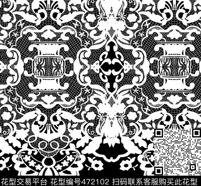 单色花卉蕾丝传统印花华亿平台下载（图片编号: 472102） - 瓦栏（Walan）