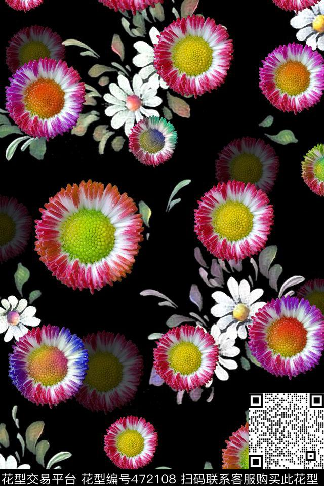 彩色雏菊花卉数码印花华亿平台下载（图片编号: 472108） - 瓦栏（Walan）