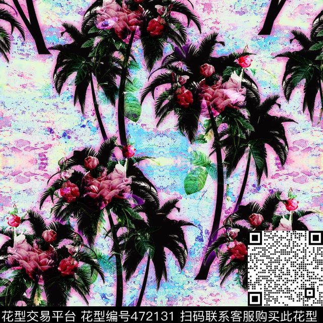 欧美休闲时尚手绘椰子树幻彩底纹数码印花华亿平台下载（图片编号: 472131） - 瓦栏（Walan）