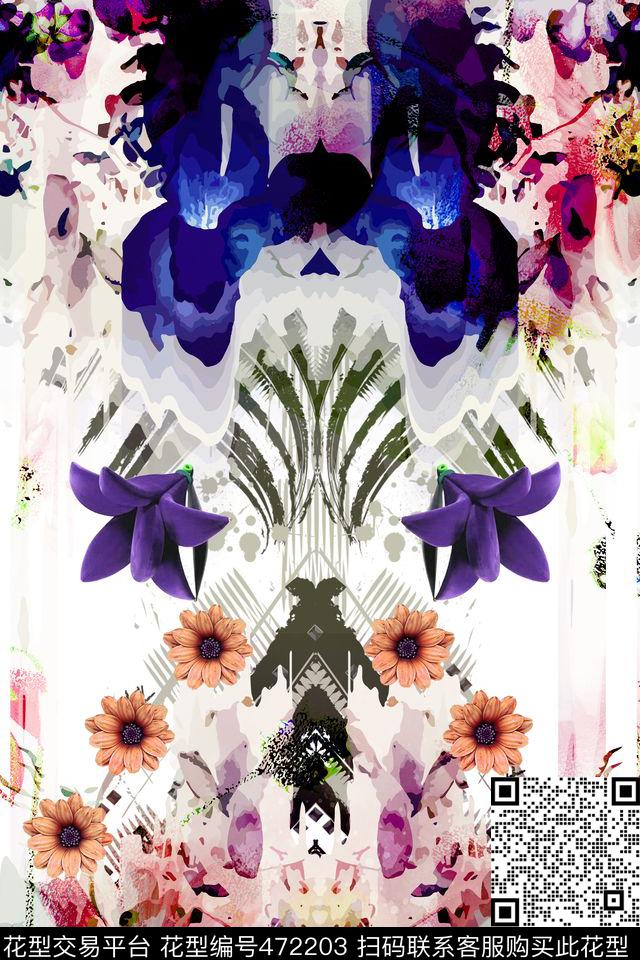 抽象水彩花卉数码印花华亿平台下载（图片编号: 472203） - 瓦栏（Walan）