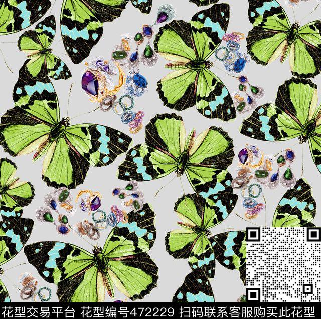 1/2跳接复古蝴蝶数码印花华亿平台下载（图片编号: 472229） - 瓦栏（Walan）