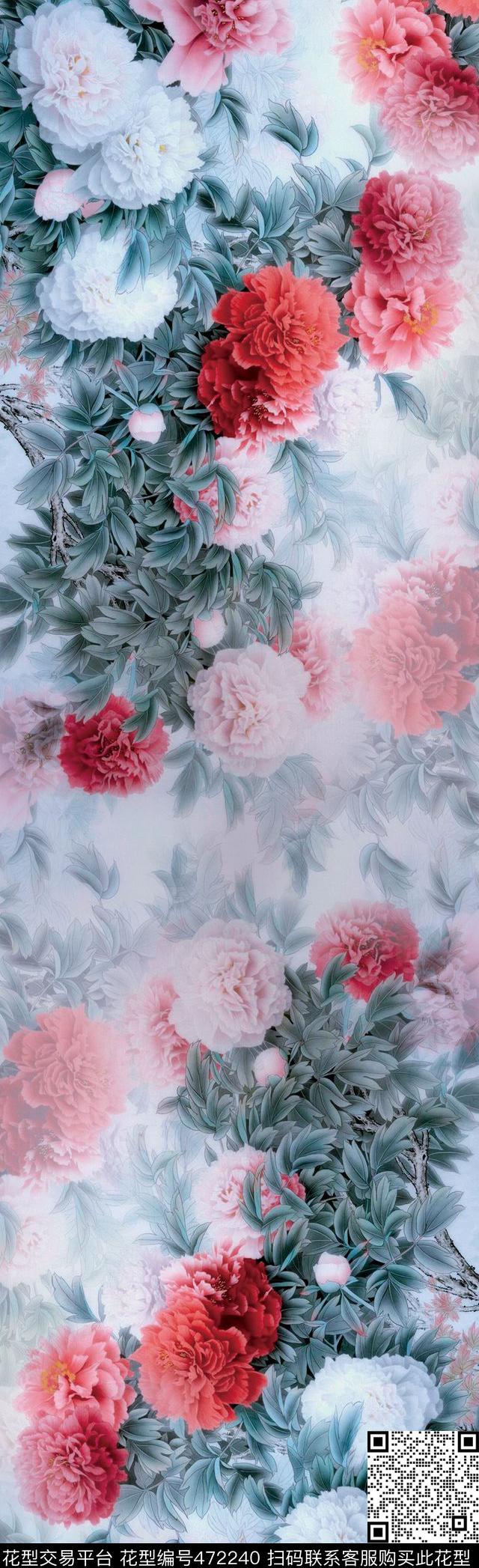 手绘工笔牡丹数码印花华亿平台下载（图片编号: 472240） - 瓦栏（Walan）