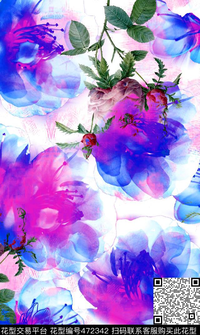 流行时尚抽象手绘幻彩花卉欧美数码印花华亿平台下载（图片编号: 472342） - 瓦栏（Walan）