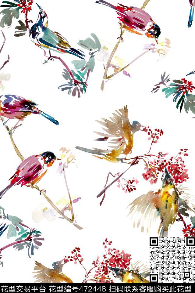 手绘水彩花鸟休闲田园风数码印花华亿平台下载（图片编号: 472448） - 瓦栏（Walan）