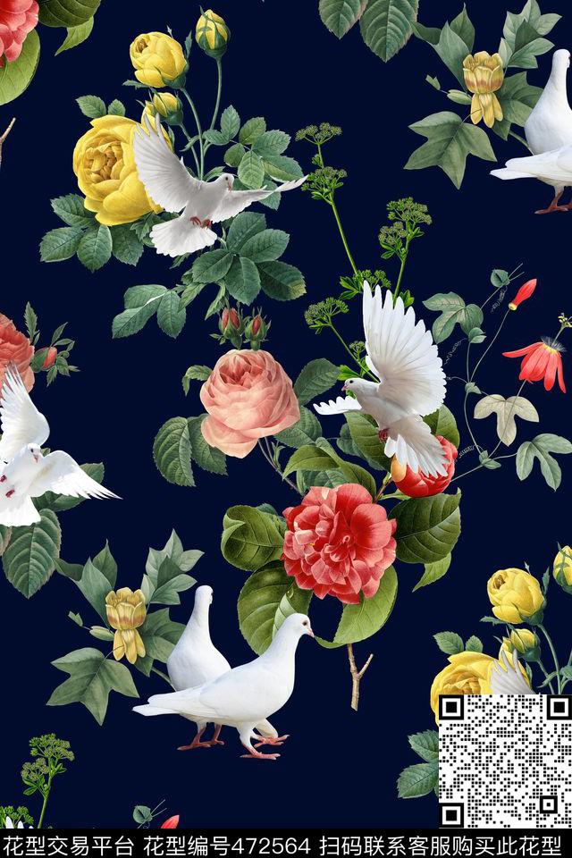 花卉白鸽绿叶数码印花华亿平台下载（图片编号: 472564） - 瓦栏（Walan）
