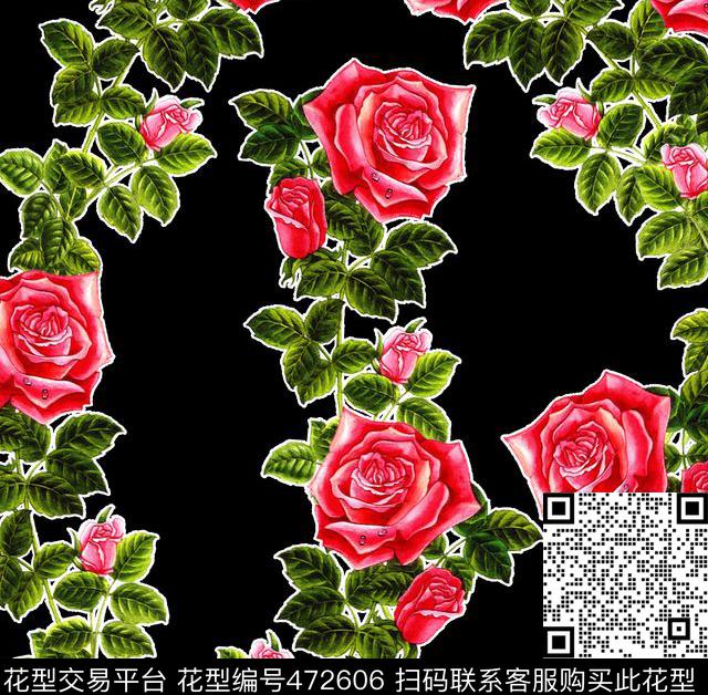 大牌流行时尚手绘玫瑰花数码印花华亿平台下载（图片编号: 472606） - 瓦栏（Walan）