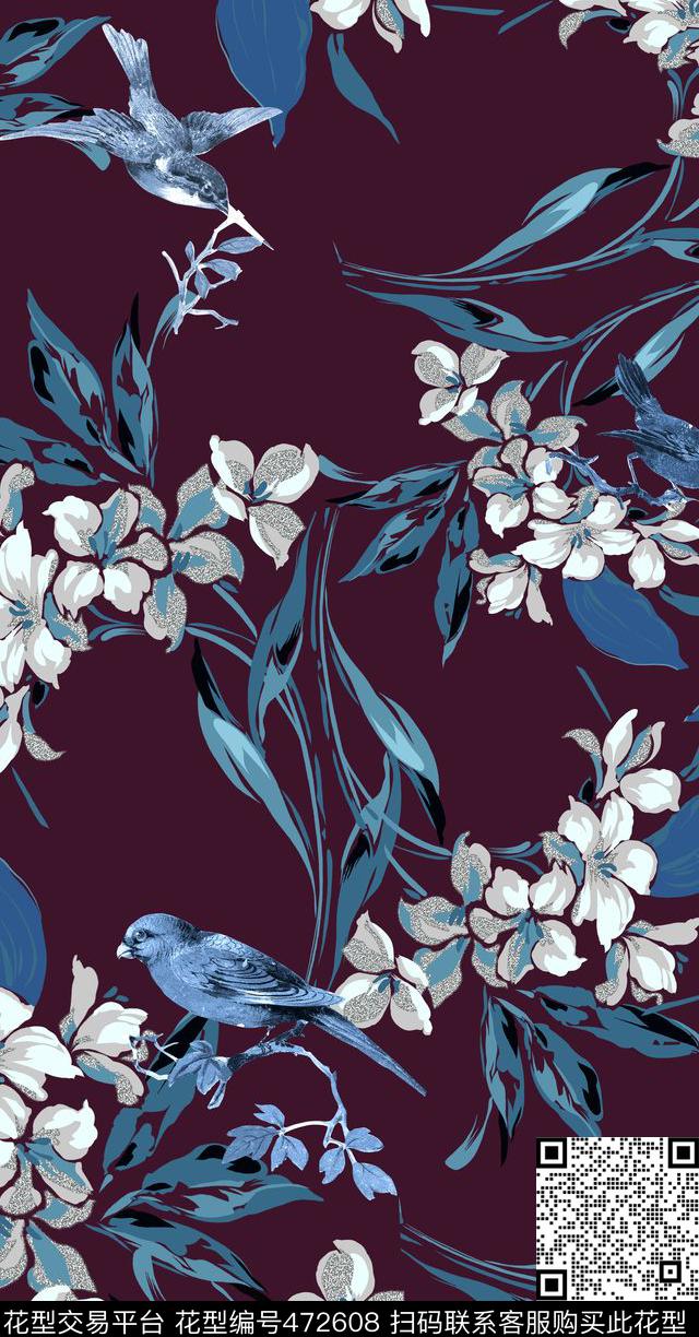 花卉鸟类喜鹊传统印花华亿平台下载（图片编号: 472608） - 瓦栏（Walan）