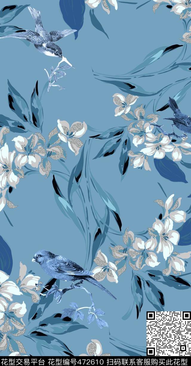 花卉鸟类喜鹊传统印花华亿平台下载（图片编号: 472610） - 瓦栏（Walan）
