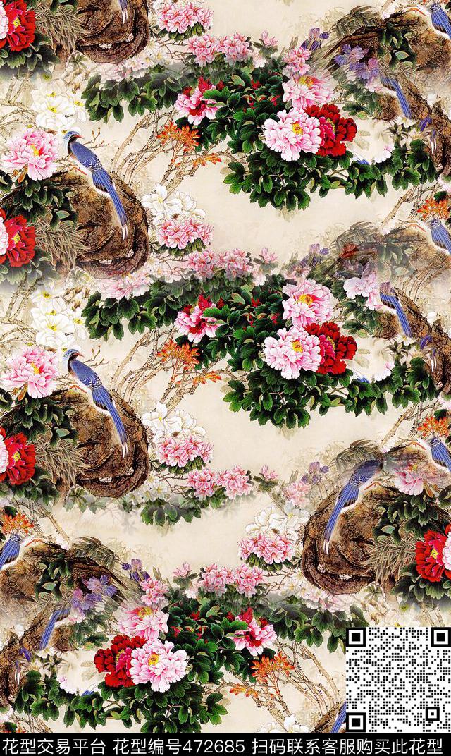 中国工笔手绘牡丹花树木数码印花华亿平台下载（图片编号: 472685） - 瓦栏（Walan）