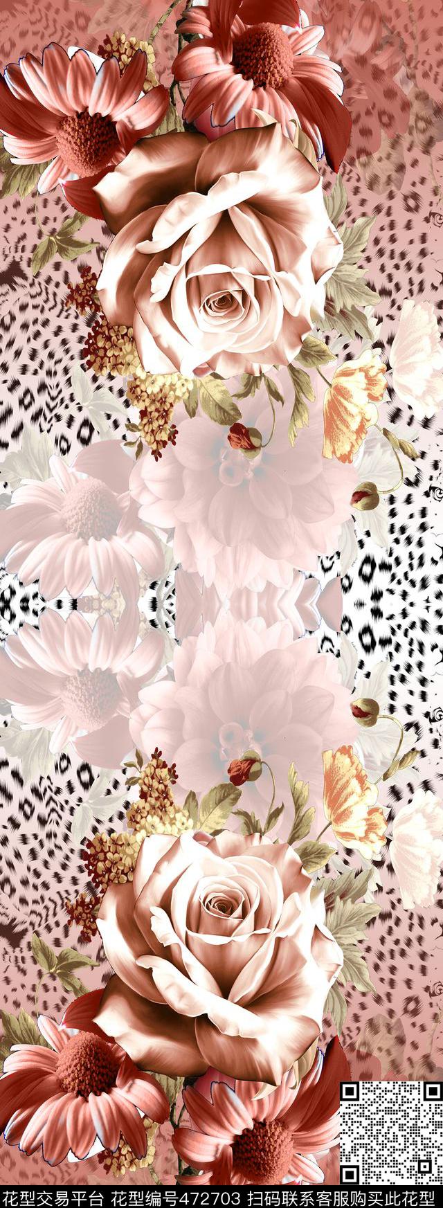 时尚定位大朵花卉豹纹数码印花华亿平台下载（图片编号: 472703） - 瓦栏（Walan）