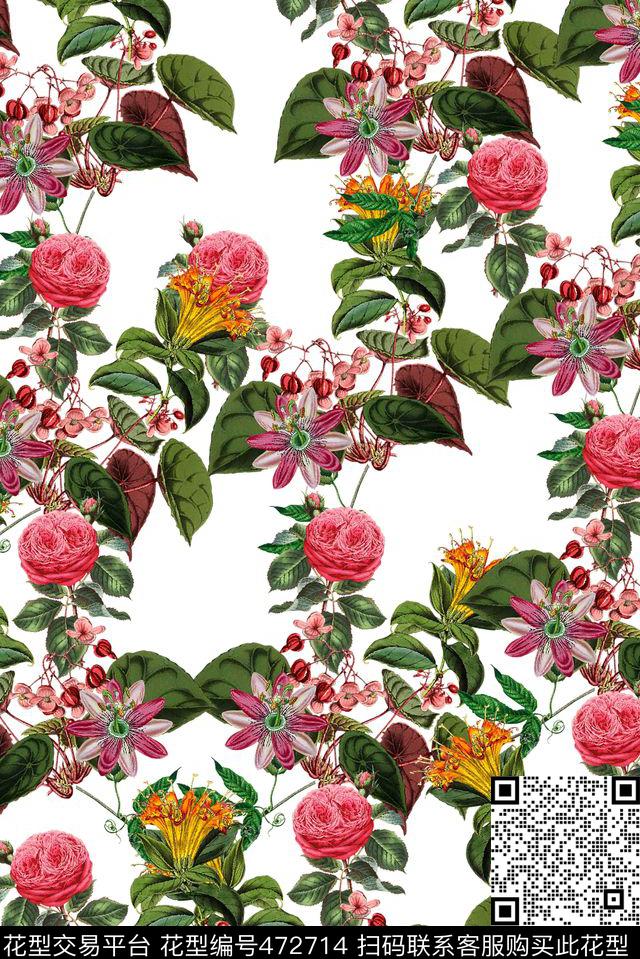 热带时尚手绘花卉数码印花华亿平台下载（图片编号: 472714） - 瓦栏（Walan）