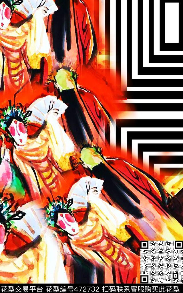 MAX-中国风民族风手绘戏曲风人物拼贴条纹数码印花华亿平台下载（图片编号: 472732） - 瓦栏（Walan）