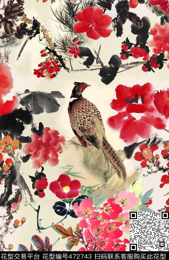 中国风水墨花卉工笔水彩樱花木棉花数码印花华亿平台下载（图片编号: 472743） - 瓦栏（Walan）