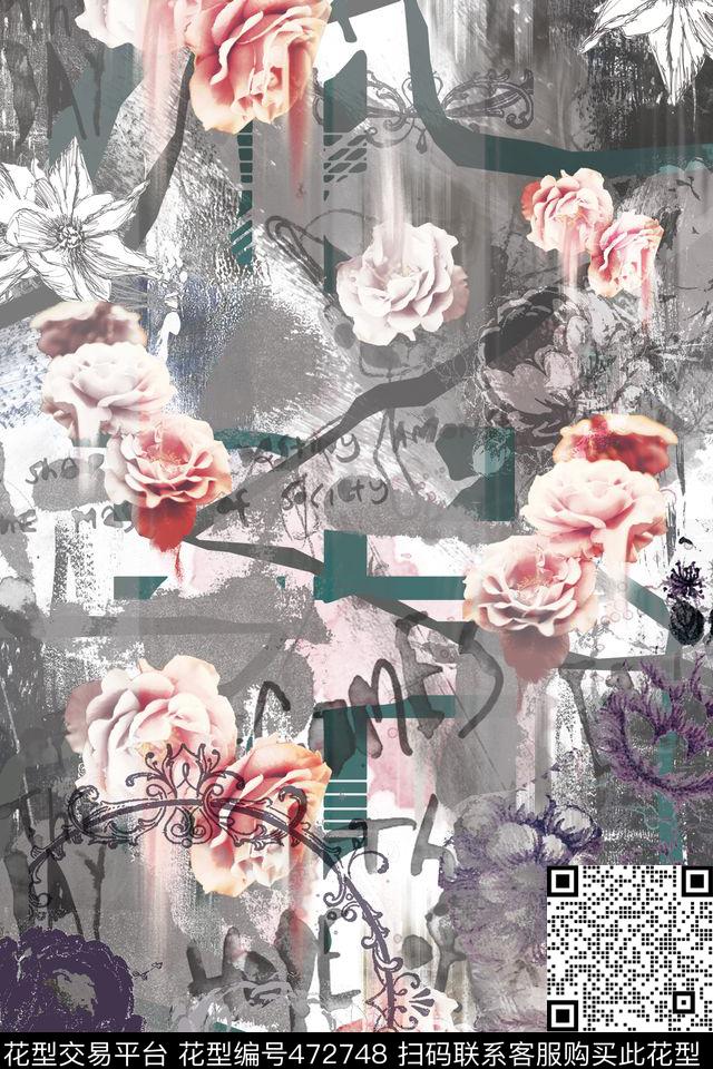 抽象复古花卉肌理女装大牌数码印花华亿平台下载（图片编号: 472748） - 瓦栏（Walan）