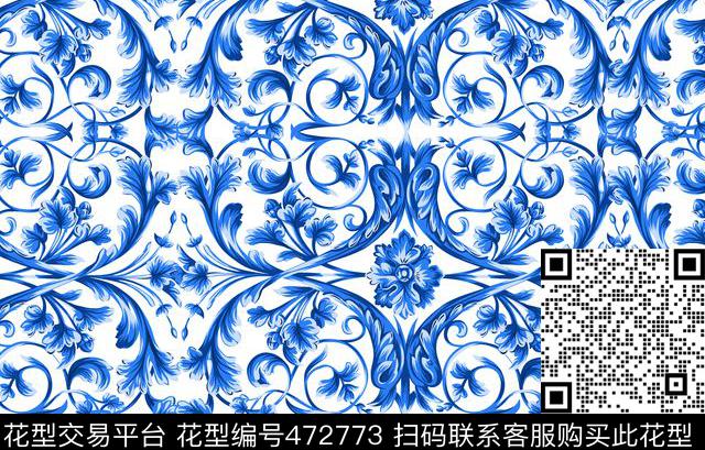 民族风青花瓷几何印花流行时尚数码印花华亿平台下载（图片编号: 472773） - 瓦栏（Walan）