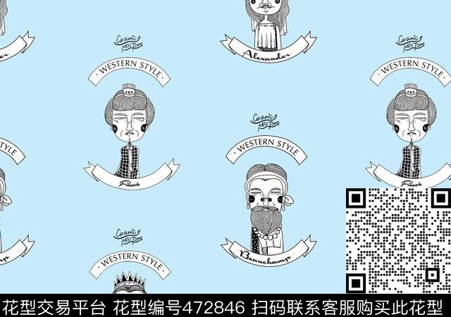 黑白人物线条卡通手绘传统印花华亿平台下载（图片编号: 472846） - 瓦栏（Walan）