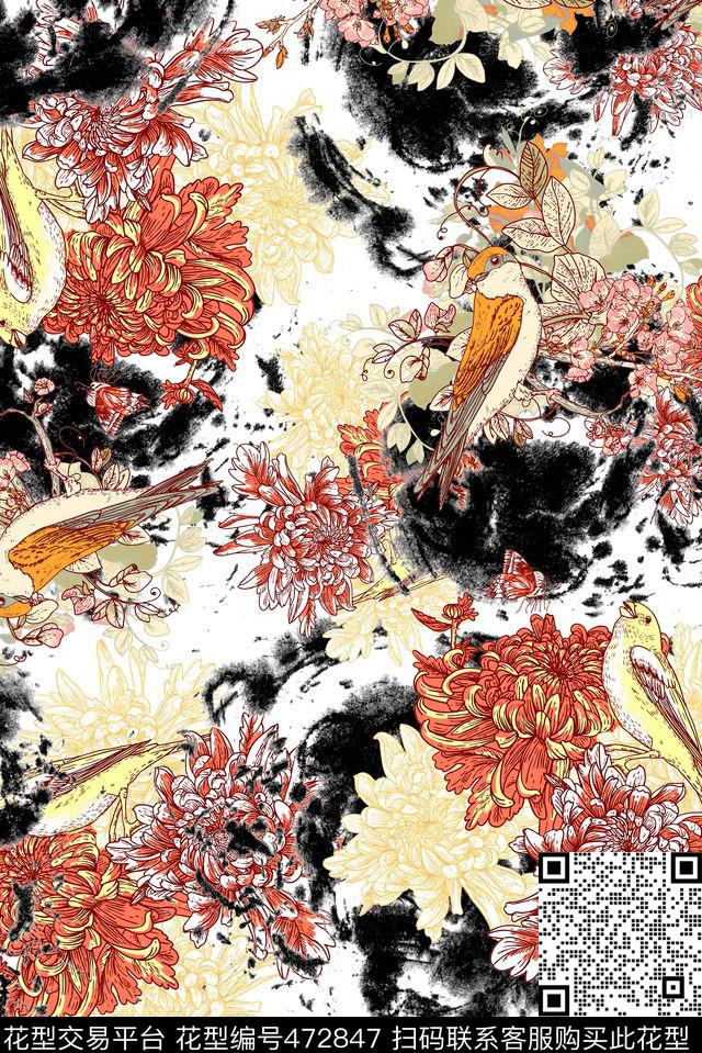 水彩水墨底纹花卉数码印花华亿平台下载（图片编号: 472847） - 瓦栏（Walan）