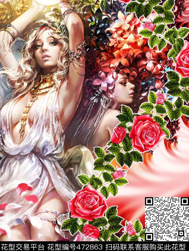 MAX-定位欧美民族风流行时尚幻彩玫瑰性感美女数码印花华亿平台下载（图片编号: 472863） - 瓦栏（Walan）