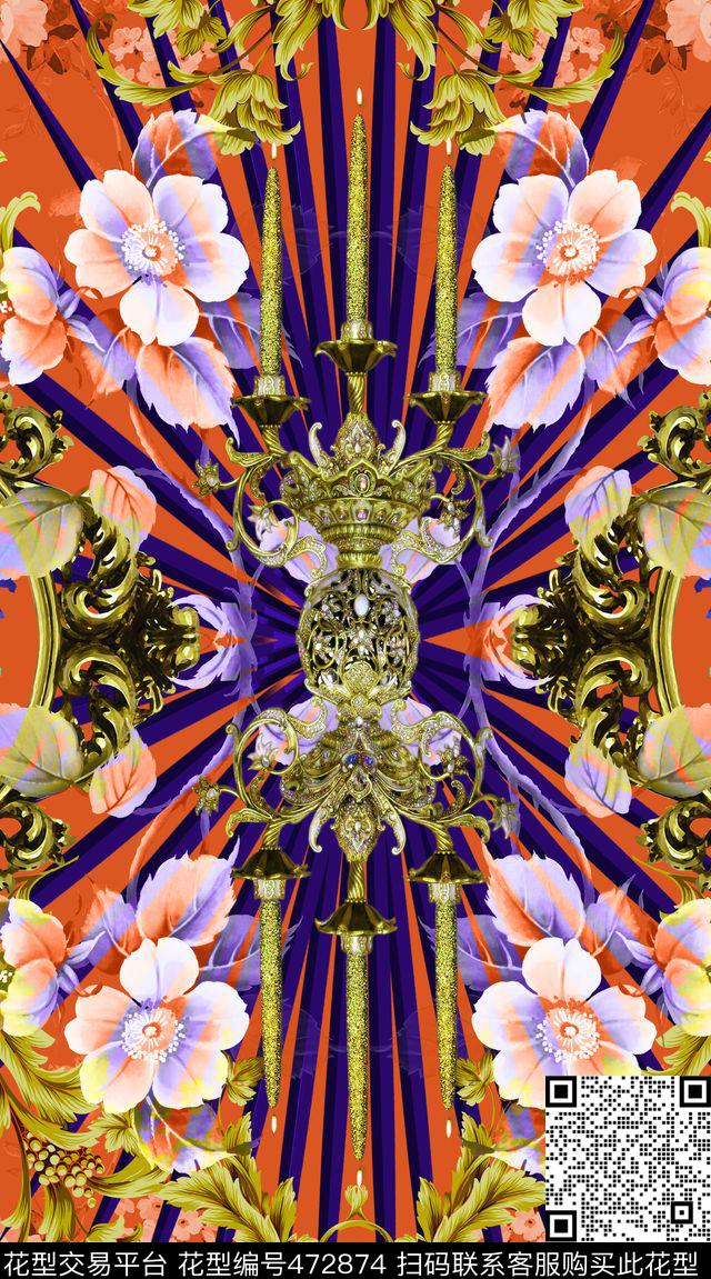 定位金色花纹花卉数码印花华亿平台下载（图片编号: 472874） - 瓦栏（Walan）