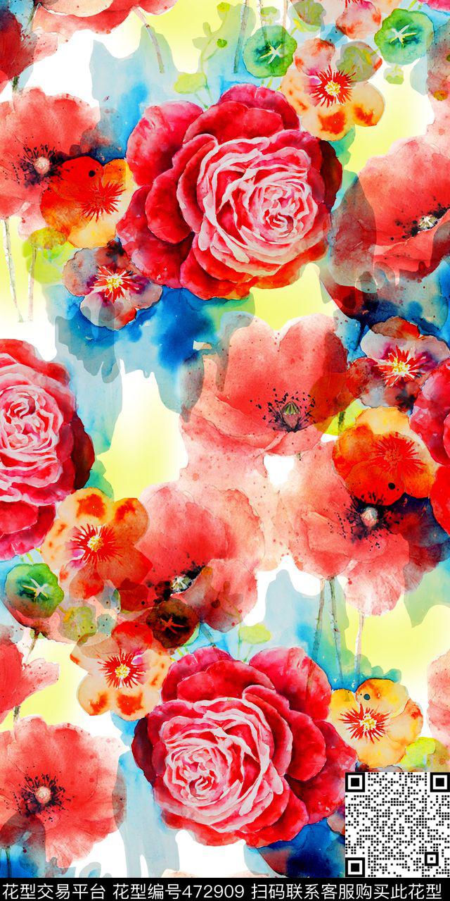 时尚流行新潮丝绸真丝棉布原创手绘水彩花卉数码印花华亿平台下载（图片编号: 472909） - 瓦栏（Walan）