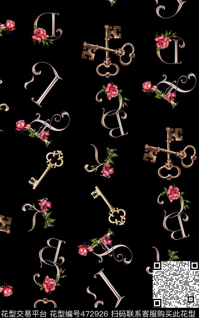 花卉组合几何英文字母数码印花华亿平台下载（图片编号: 472926） - 瓦栏（Walan）