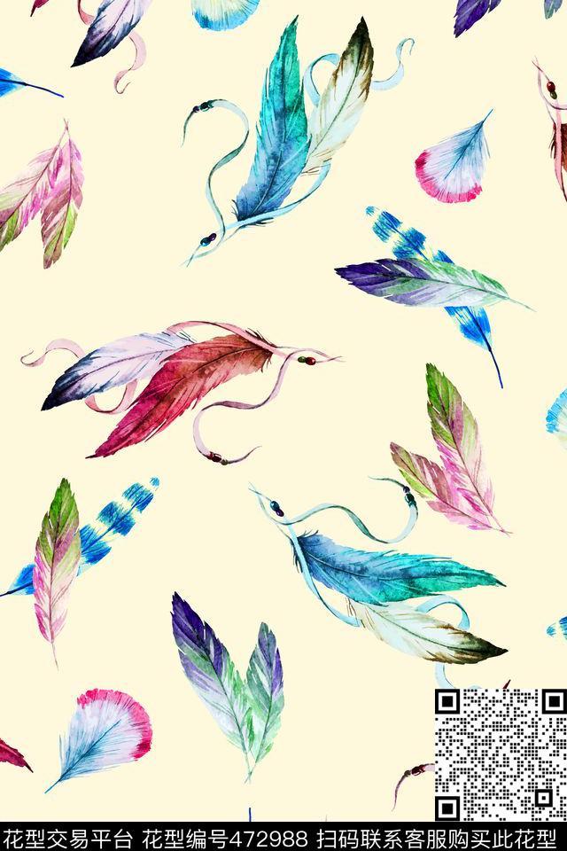 清新文艺休闲复古羽毛手绘数码印花华亿平台下载（图片编号: 472988） - 瓦栏（Walan）