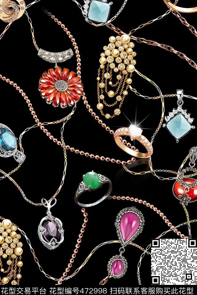 抽象欧美风手绘欧美抽象珍珠项链珠宝首饰链条几何铁链戒指吊坠H【抽象】数码印花华亿平台下载（图片编号: 472998） - 瓦栏（Walan）