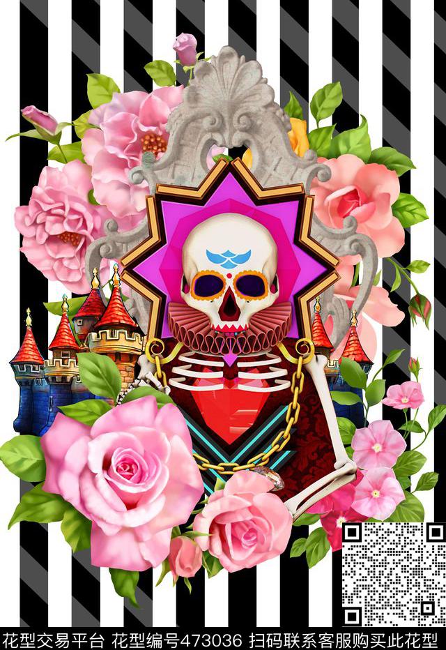 黑白条纹骷髅头时尚定位数码印花华亿平台下载（图片编号: 473036） - 瓦栏（Walan）