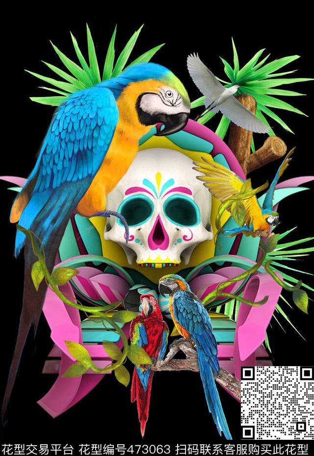 动物骷髅头清新热带风数码印花华亿平台下载（图片编号: 473063） - 瓦栏（Walan）