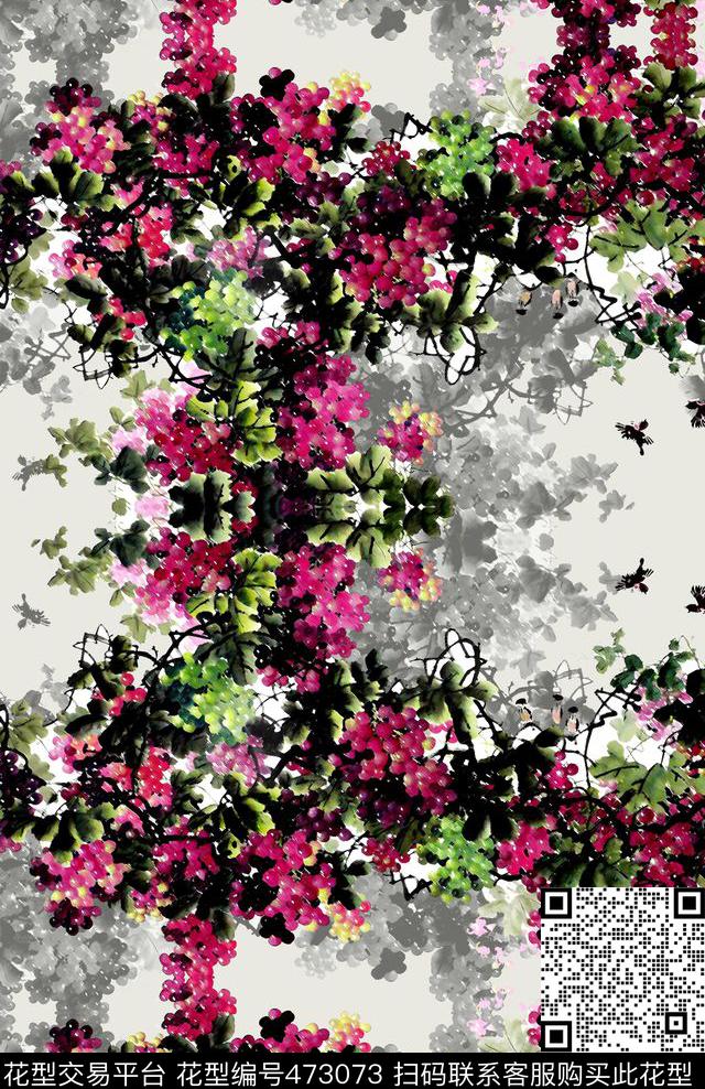 时尚手绘葡萄藤数码印花华亿平台下载（图片编号: 473073） - 瓦栏（Walan）