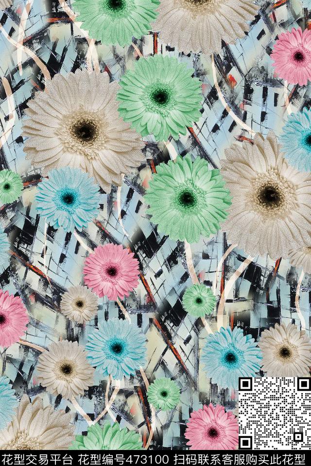 时尚手绘花卉油画数码印花华亿平台下载（图片编号: 473100） - 瓦栏（Walan）