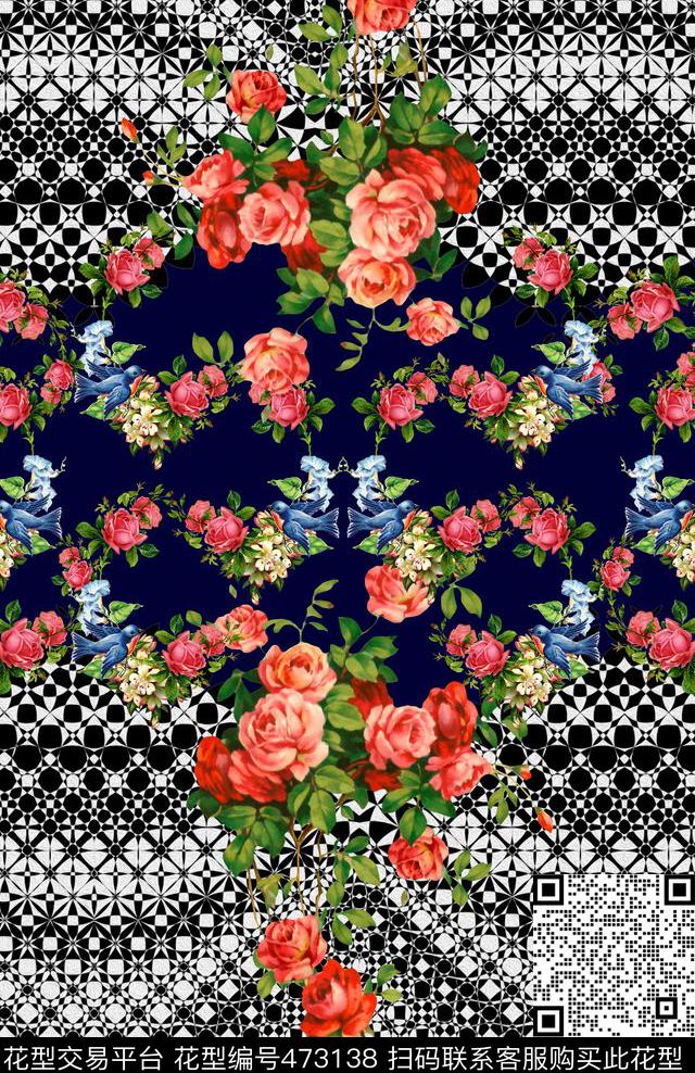 时尚几何花鸟数码印花华亿平台下载（图片编号: 473138） - 瓦栏（Walan）