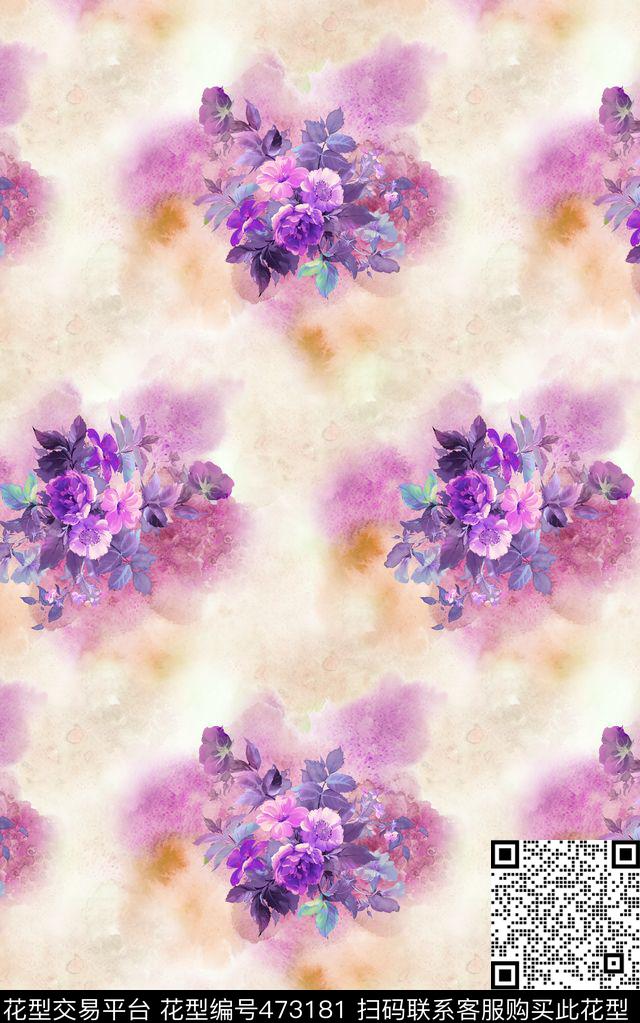大花水彩云纹数码印花华亿平台下载（图片编号: 473181） - 瓦栏（Walan）